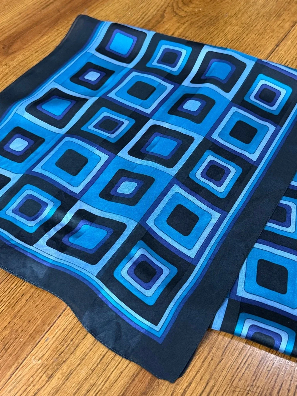 Casual Corner Blue Black Geometric Silk Scarf Retro Mod Print